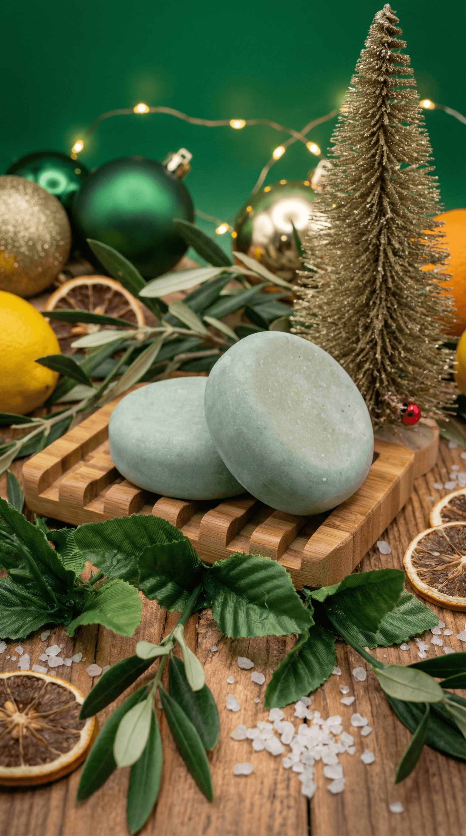 Two sage green oval soap bars with smooth matte finish rest on bamboo tray, surrounded by fresh greenery, dried citrus slices, evergreen sprigs, sea salt crystals, and holiday decorations.