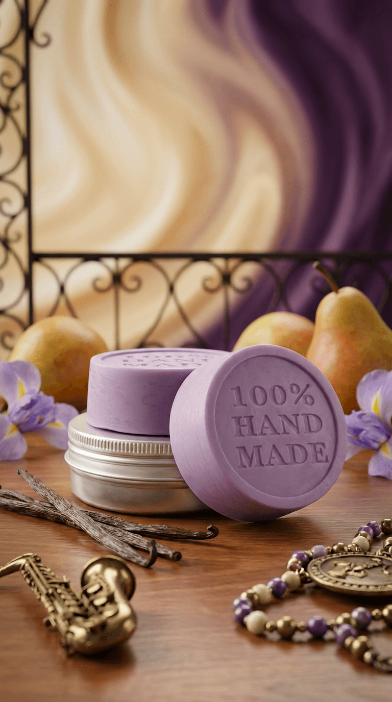 Purple circular solid lotion bars embossed with '100% HAND MADE' displayed with glass jar, vanilla beans, purple flowers, pears, and decorative metal ornaments on wooden surface.