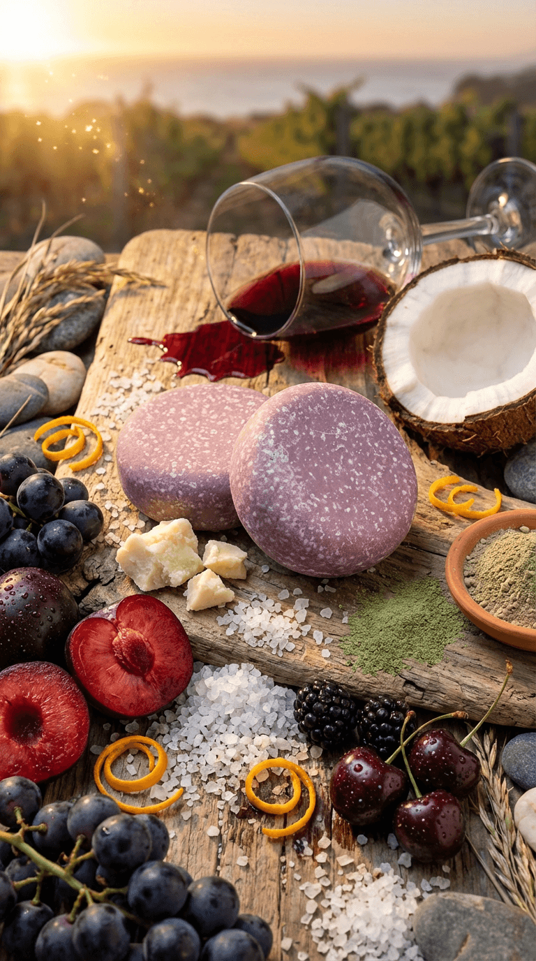 Two round purple sea salt scrub bars with speckled texture on rustic wood, surrounded by fresh grapes, cherries, plums, coconut half, wine glass, orange peel curls, and coarse sea salt.