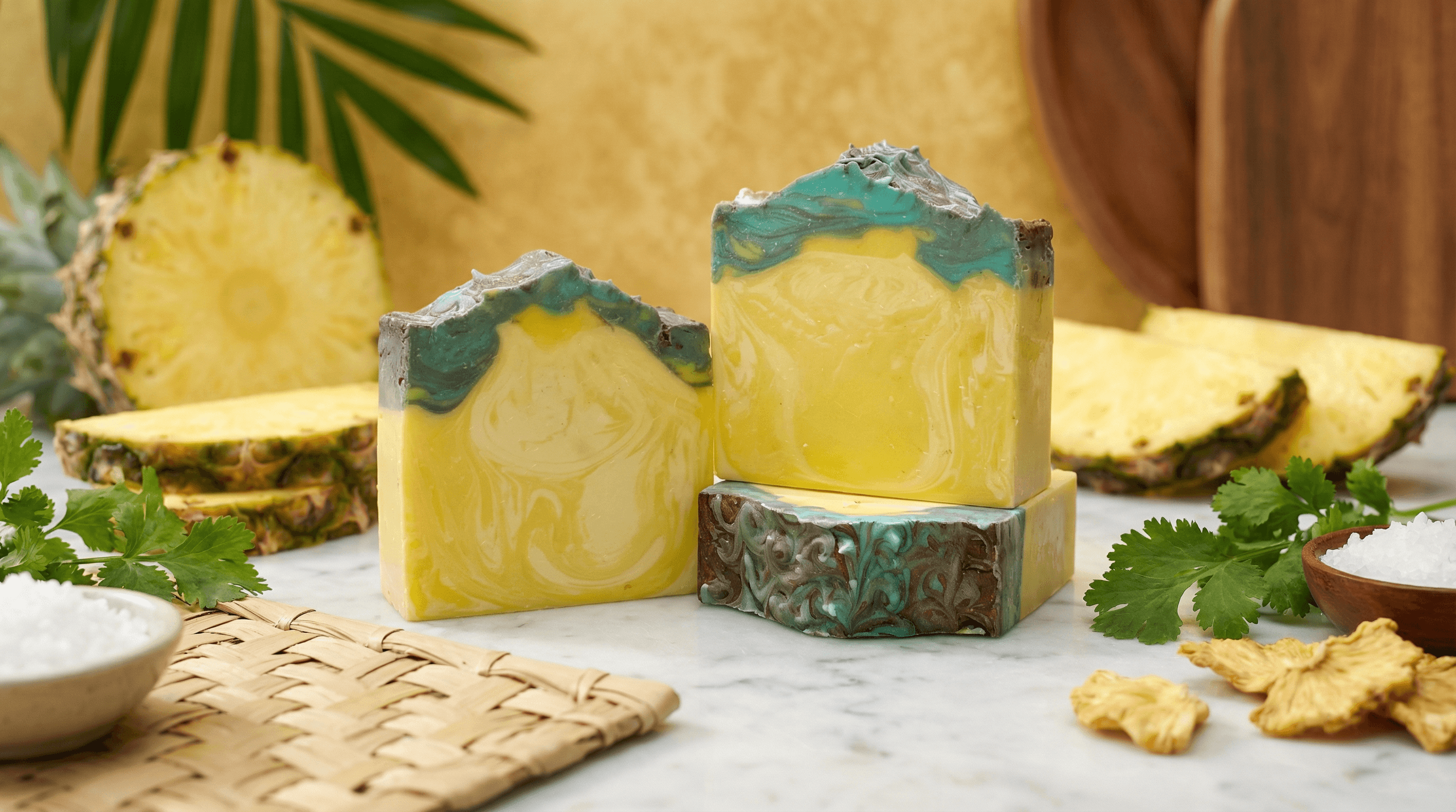 Three handcrafted soap bars with bright yellow swirled body and teal-green topped edges, displayed with fresh pineapple slices and cilantro leaves on white marble surface.