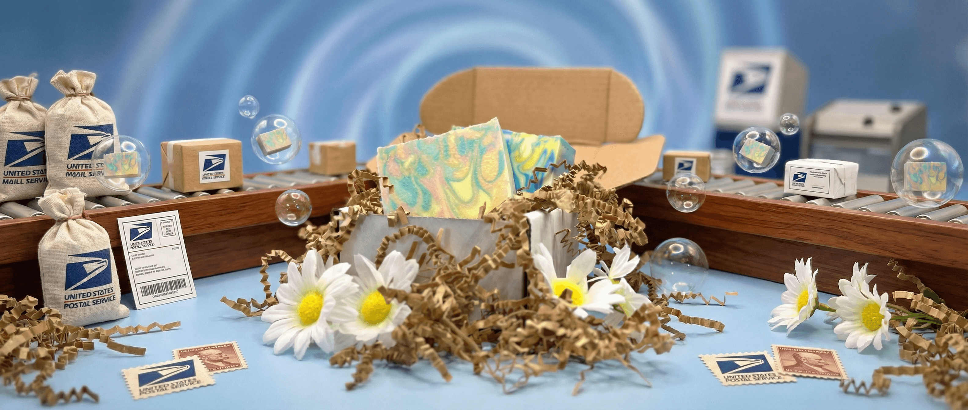 Turquoise and coral marbled soap bars with gold crinkle paper emerging from a kraft box, surrounded by USPS packaging, white daisies, and floating bubbles on a blue surface.
