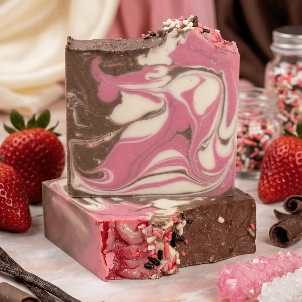 Two stacked handmade soap bars with swirled pink, white, and brown marbling, topped with colorful candy-like sprinkles. Surrounded by fresh strawberries and chocolate shavings.