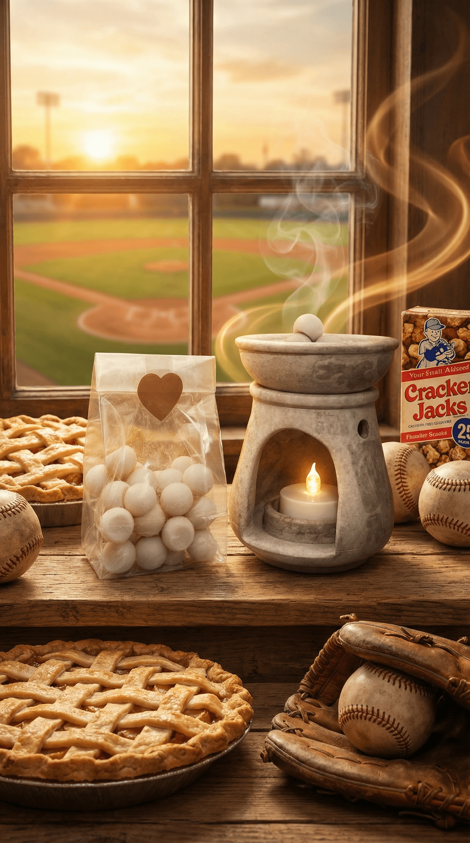 Rustic wooden windowsill with baseball field view displays a lit wax warmer releasing steam, bag of white wax melt balls with heart label, lattice-topped pie, Cracker Jacks box, and baseball glove.