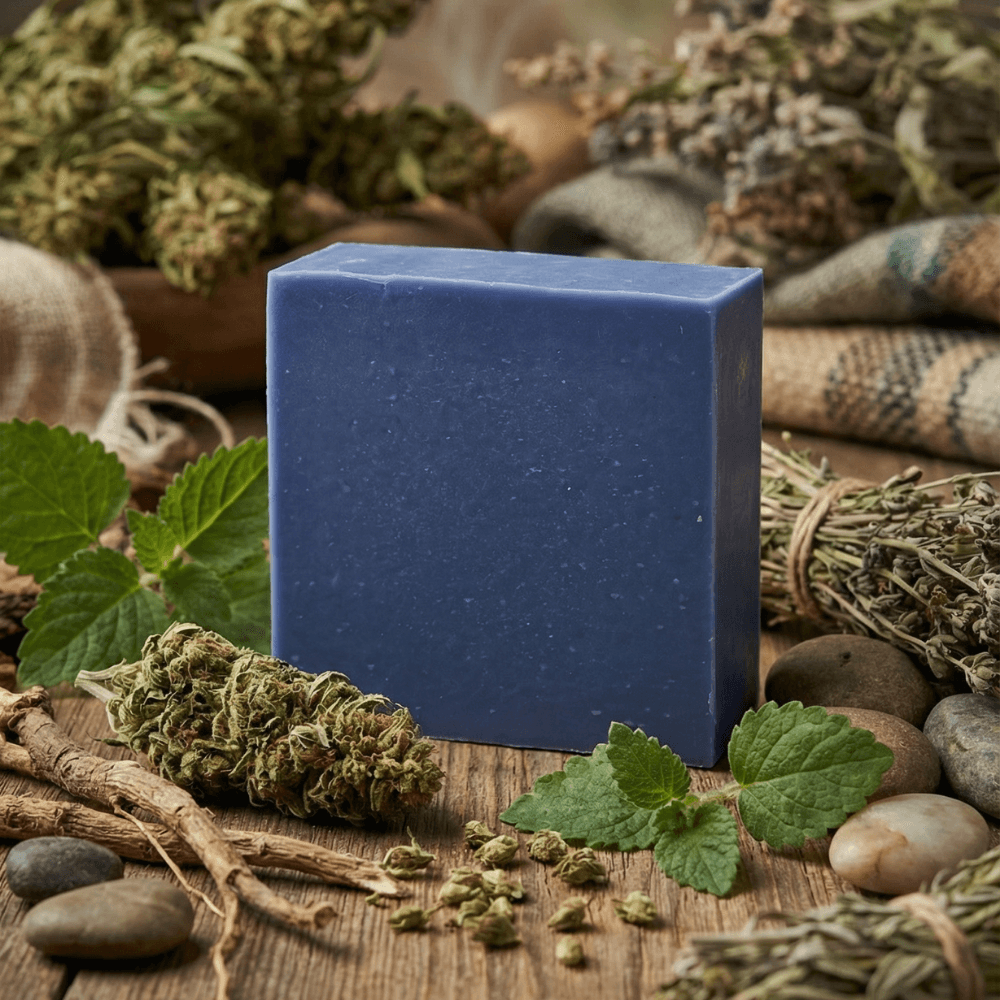 Deep slate blue rectangular soap bar on weathered wood, surrounded by dried hemp flowers, green herb leaves, smooth river stones, and bundled dried herbs in a natural rustic arrangement.
