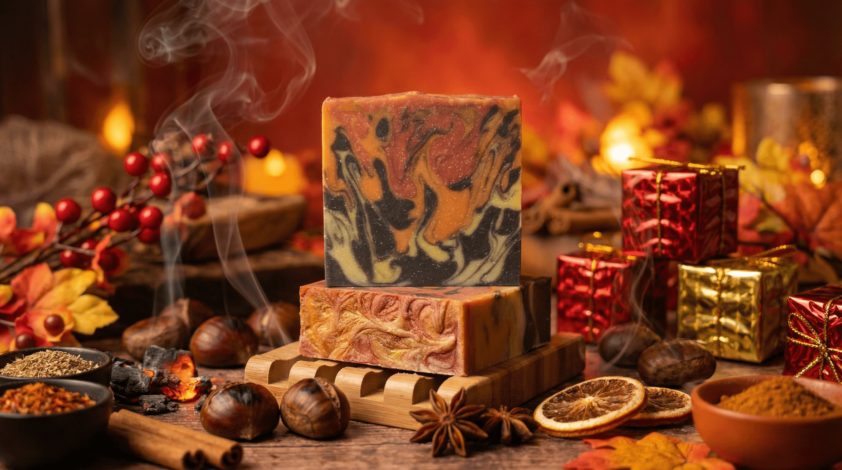 Two stacked handcrafted soap bars with dramatic black, orange, and cream swirls on a wooden soap dish, surrounded by chestnuts, dried orange slices, star anise, and festive holiday decorations with warm glowing lights in the background.