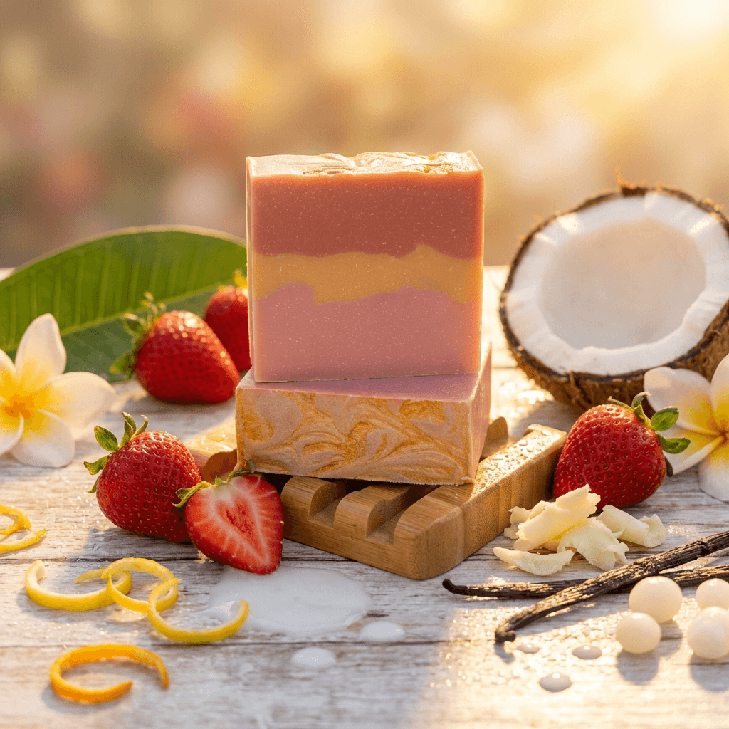 Two stacked handcrafted soap bars with pink and orange gradient layers and decorative gold swirls, displayed on wooden dish with fresh strawberries, coconut halves, and tropical flowers.