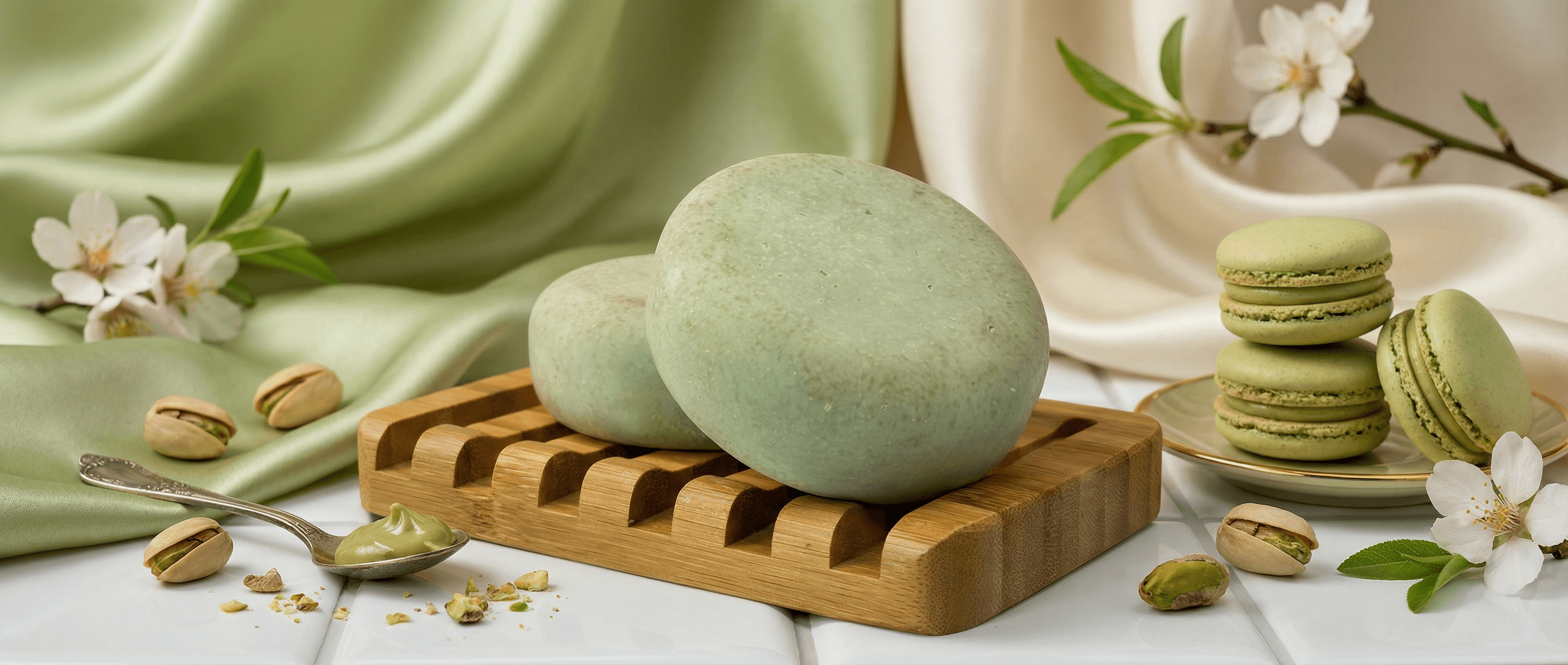 Pale green oval soap bar with smooth matte finish resting on wooden soap dish, surrounded by pistachios, green macarons on gold plate, white flowers, and draped sage fabric in lifestyle setting.