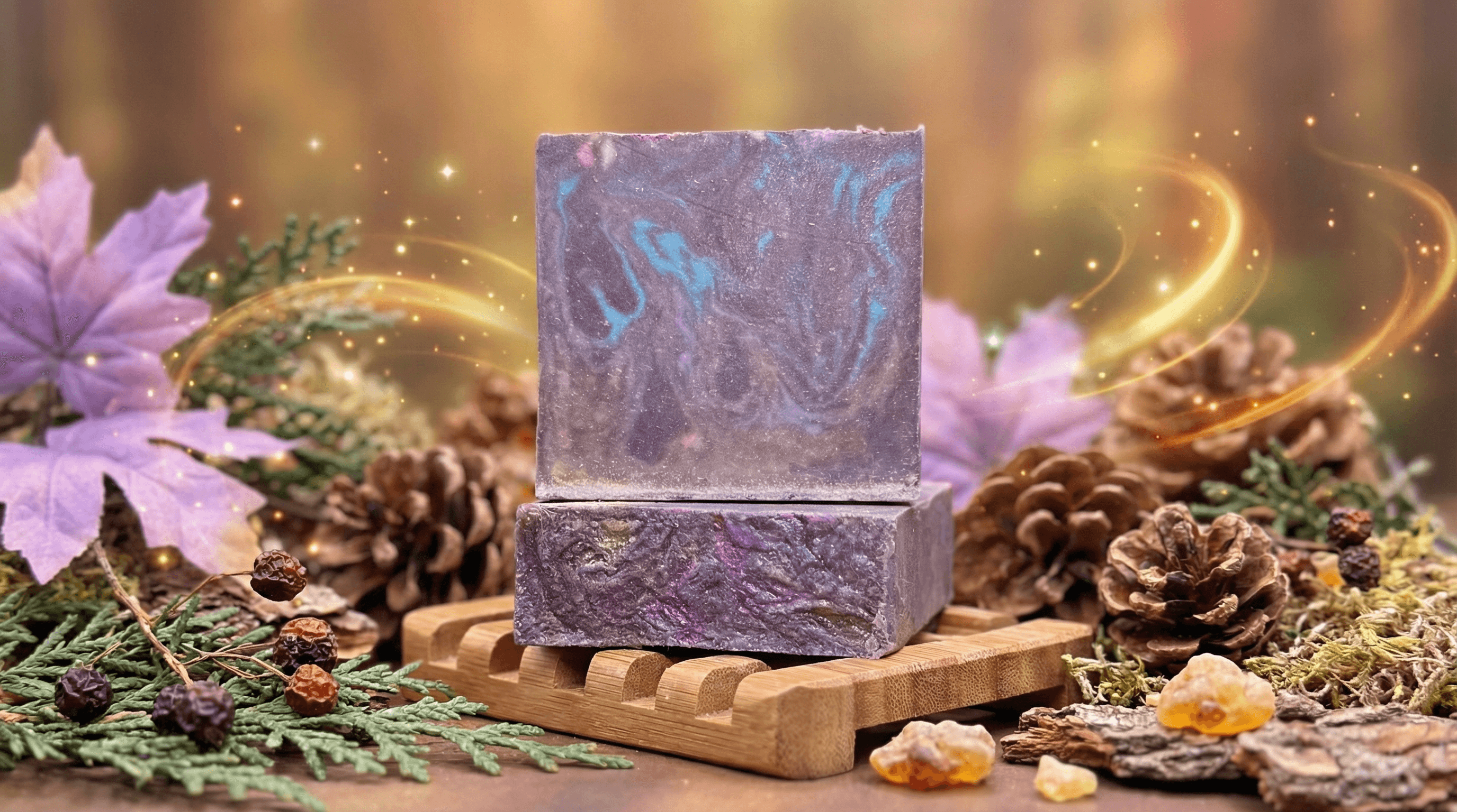 Two purple marbled soap bars stacked on bamboo dish, surrounded by pine cones, lavender flowers, evergreen sprigs, and amber crystals with golden light swirls in background.