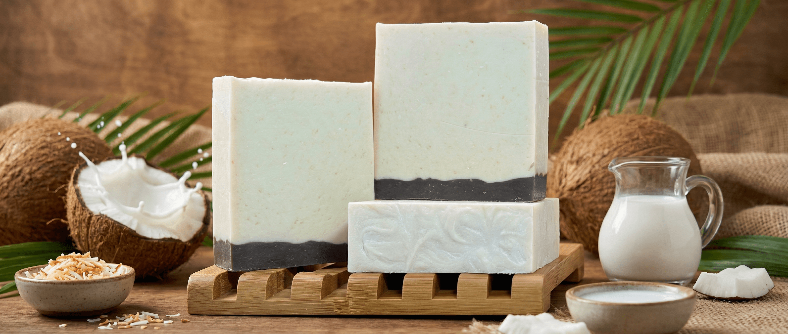Three handcrafted soap bars with creamy white tops and dark charcoal bottoms, displayed on a wooden soap dish alongside coconuts, coconut milk pitcher, and tropical palm leaves.