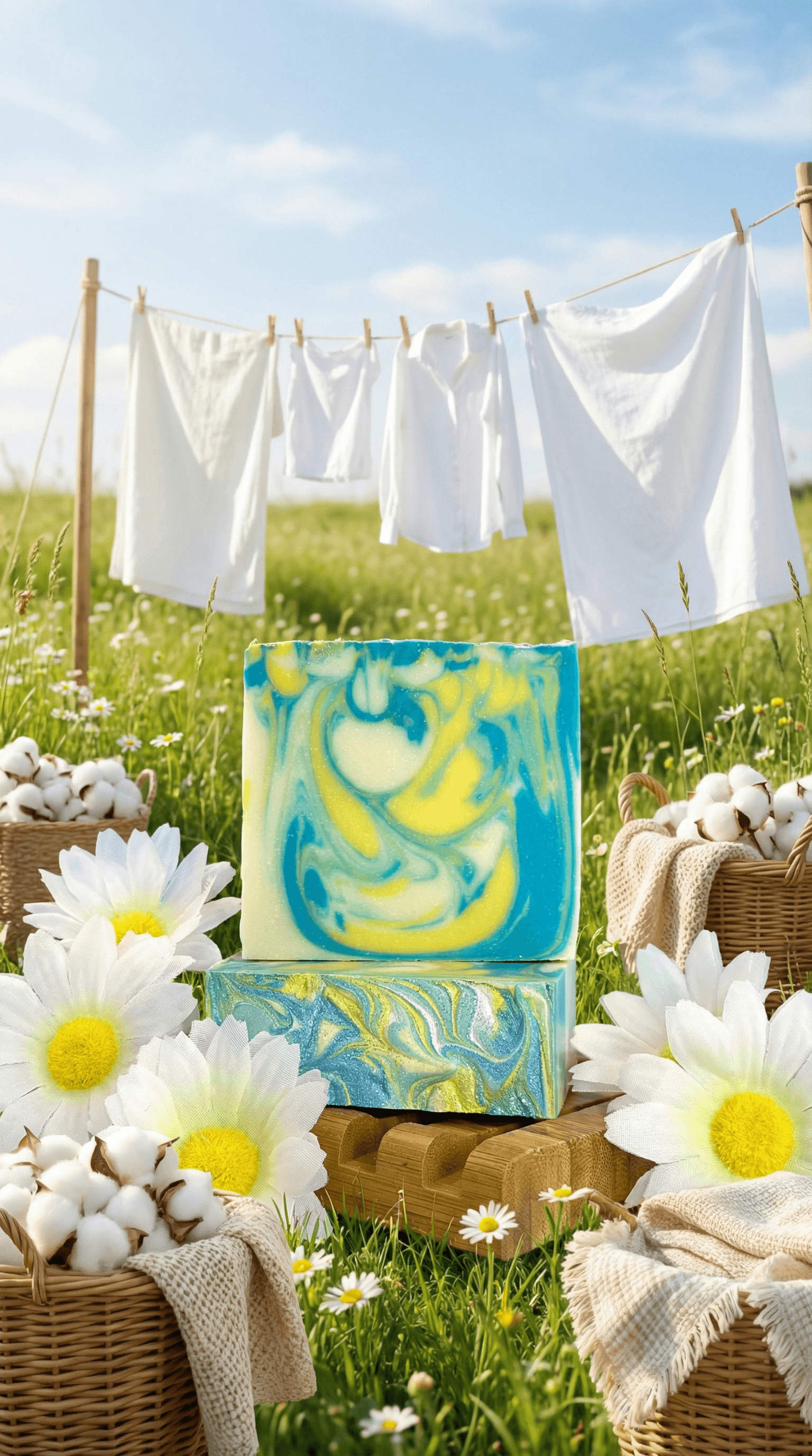 Two bars of swirled soap in turquoise blue and bright yellow marbled pattern, displayed outdoors among white daisies, cotton bolls in wicker baskets, and a clothesline with white laundry.