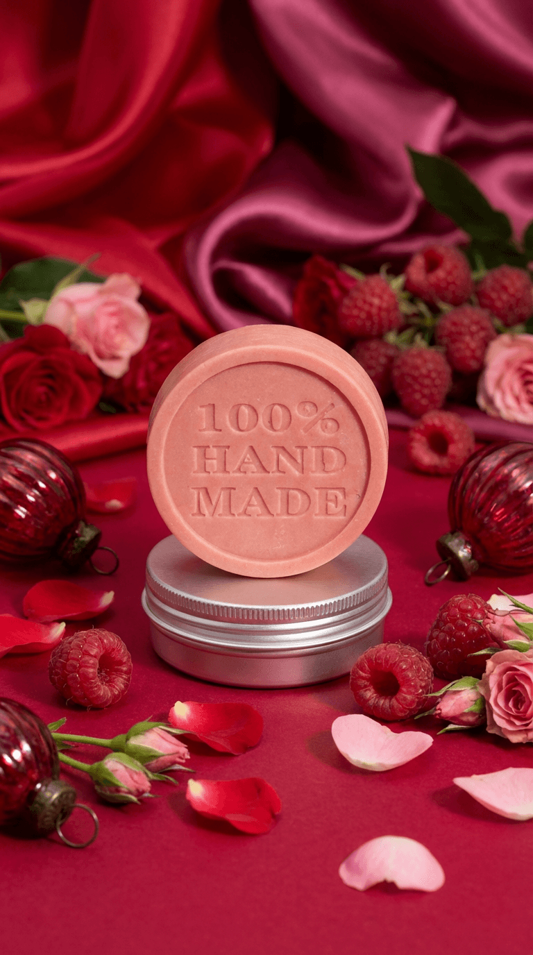 Pink circular solid lotion bar embossed with '100% HAND MADE' displayed on silver tin lid, surrounded by fresh raspberries, rose petals, and red Christmas ornaments on burgundy fabric.
