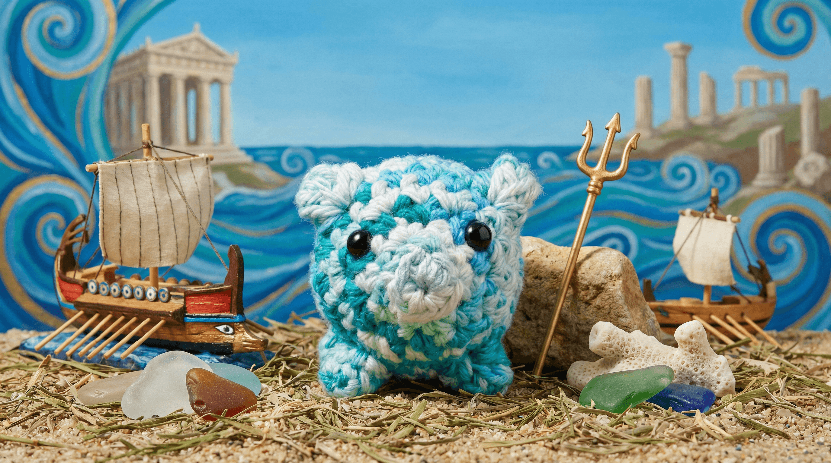 Turquoise and white crocheted piggy sachet holding a small golden trident, displayed on sandy surface with sea glass, miniature Greek ships, and painted Mediterranean backdrop with ancient ruins.