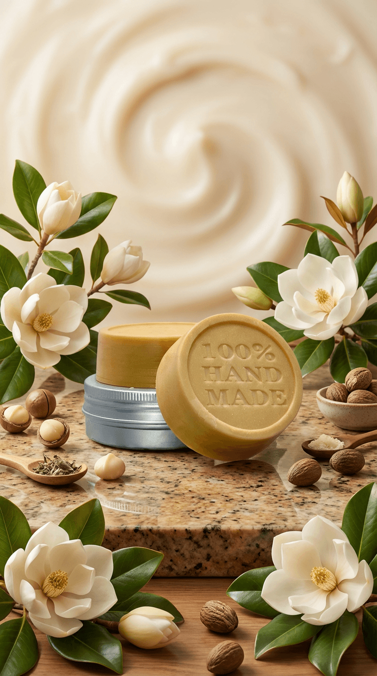 Round golden solid lotion bar embossed with '100% HANDMADE' displayed on granite surface with aluminum tin, white magnolia flowers, nutmeg, macadamia nuts, and creamy swirl background.