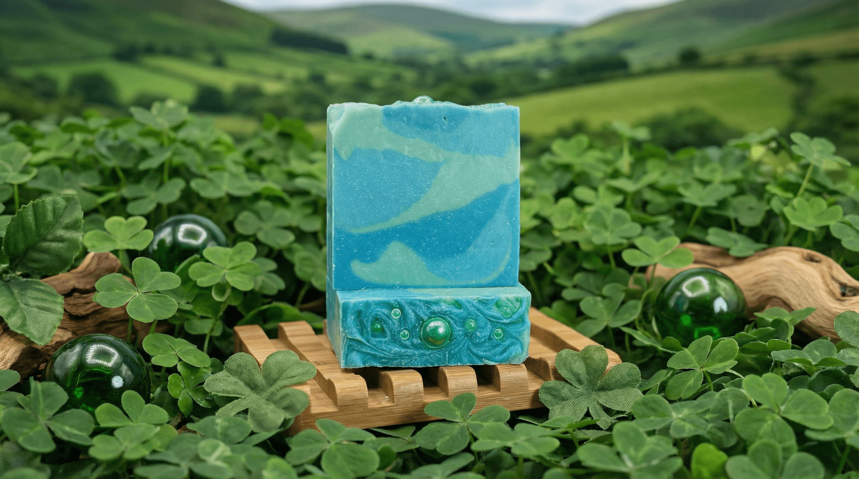 Blue and aqua marbled soap bar with decorative swirled base embedded with green glass beads, displayed on wooden soap dish surrounded by clover and rolling green hills.