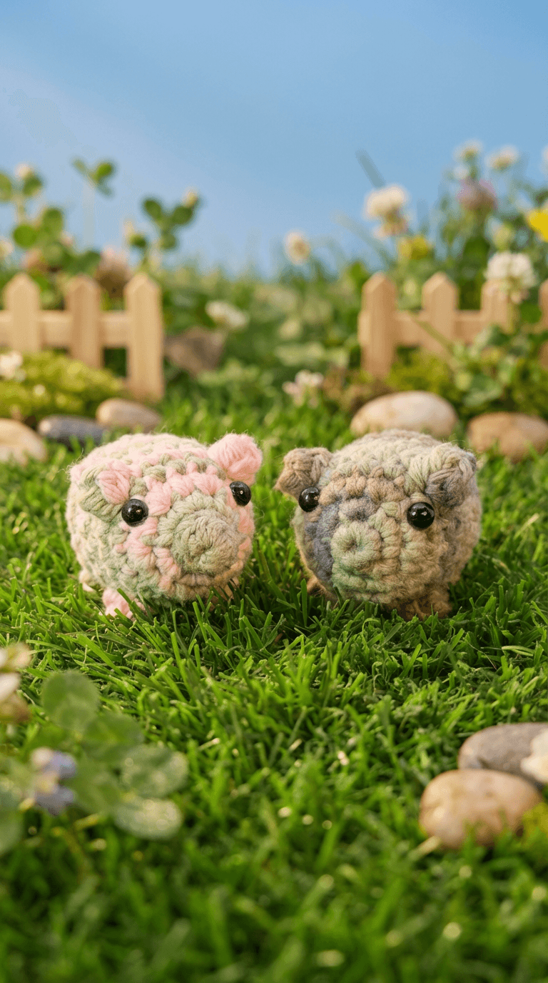 Two hand-crocheted guinea pig sachets in pastel pink, green, and gray yarn with black bead eyes, sitting on artificial grass with miniature wooden fence and flowers in the background.