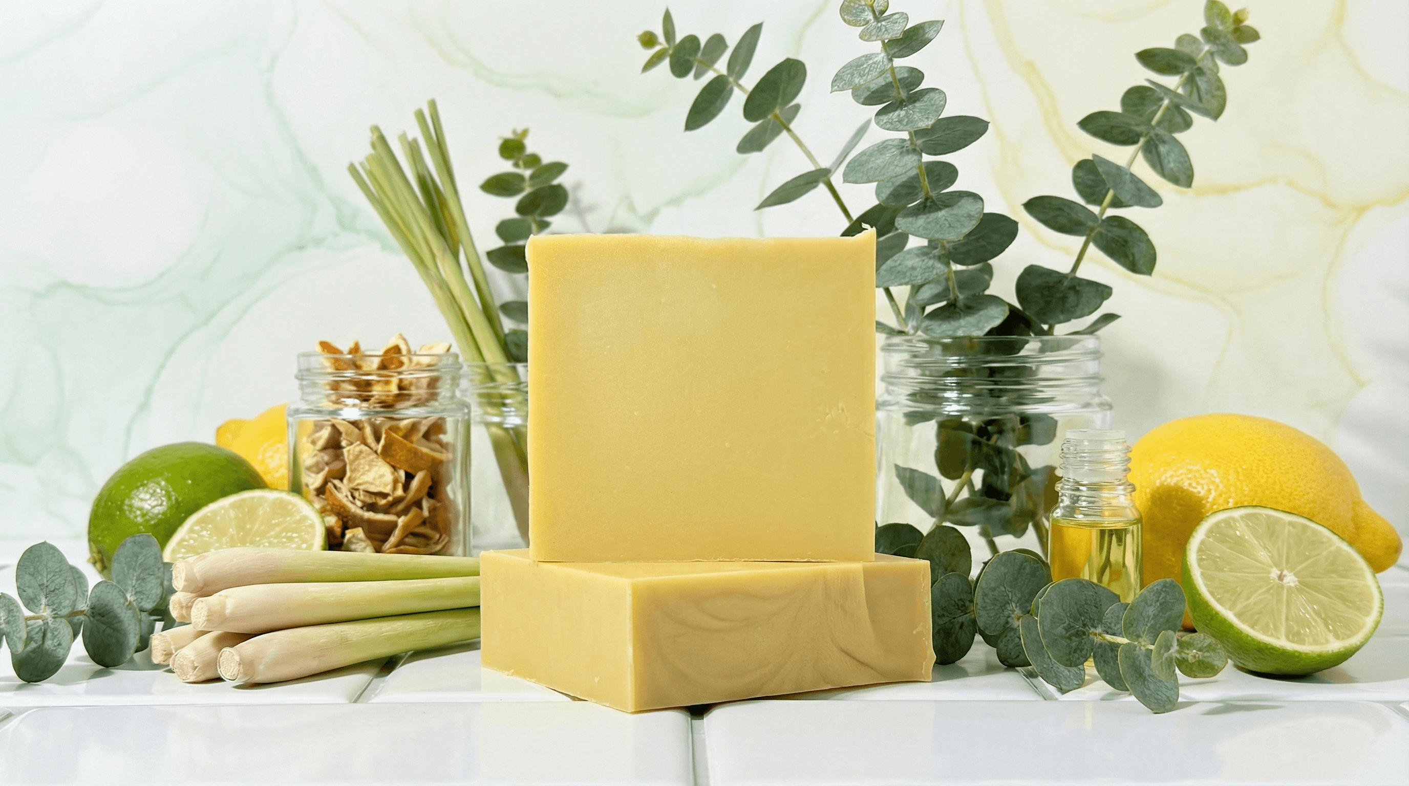 Pale yellow handcrafted soap bars with smooth matte finish, arranged on white surface alongside fresh eucalyptus, lemongrass stalks, citrus fruits, and essential oil bottles in natural light.