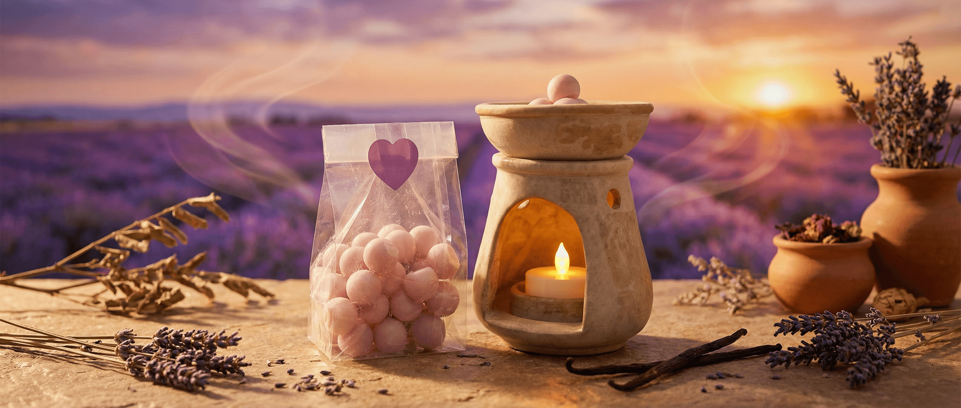 Clear bag of pink spherical wax melts with heart label beside ceramic oil warmer with lit candle, surrounded by dried lavender sprigs against sunset lavender field backdrop.