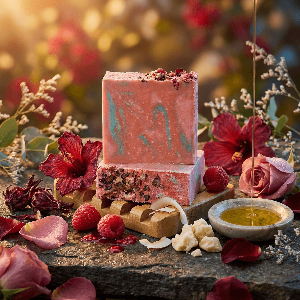 Two pink marbled soap bars with turquoise swirls and dried rose petals on top, stacked on wooden holder. Surrounded by fresh raspberries, hibiscus flowers, rose petals, and golden oil drizzling into stone bowl.