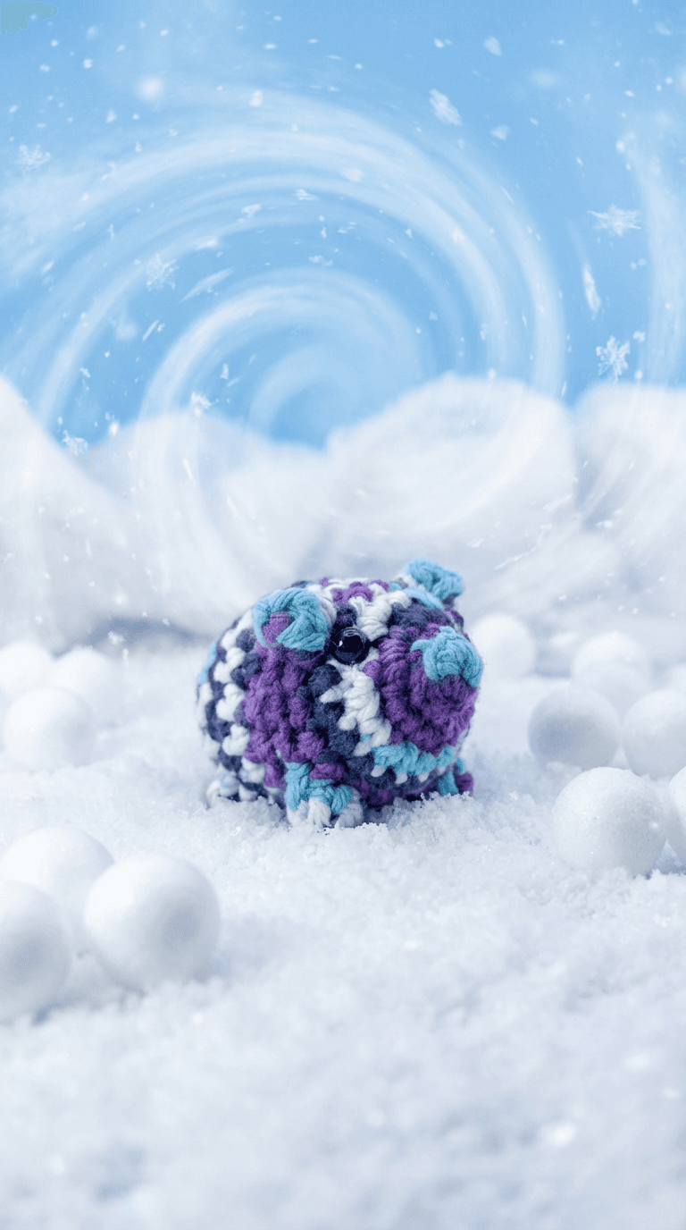 Hand-crocheted purple, white, and light blue striped piggy sachet nestled in fluffy white snow with snowflakes and a swirled winter sky background.