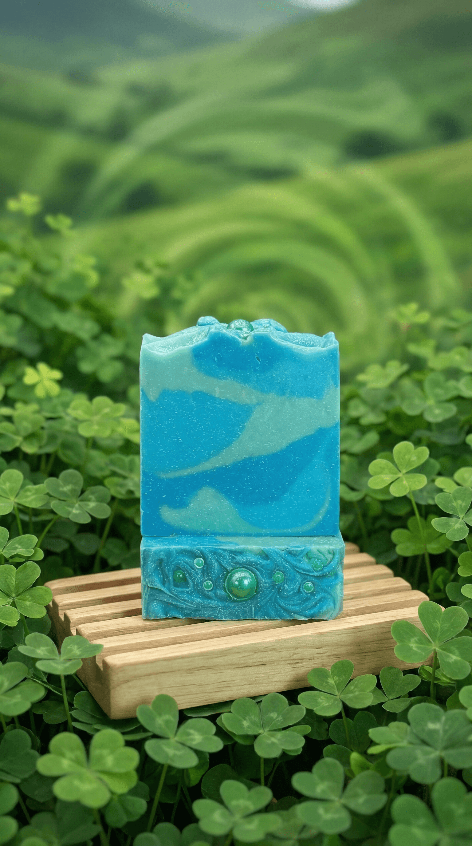 Turquoise and teal swirled bar with decorative base featuring green embedded spheres, photographed on wooden soap dish surrounded by fresh clover against soft green hills.