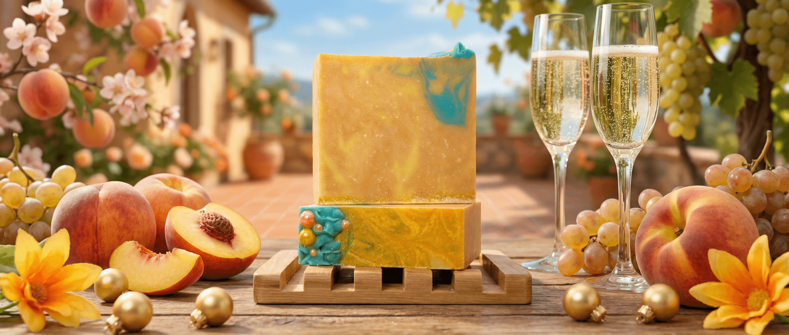 Two golden-amber soap bars with turquoise swirls stacked on a wooden soap dish, surrounded by fresh peaches, grapes, champagne flutes, and golden ornaments in a sunlit orchard setting.