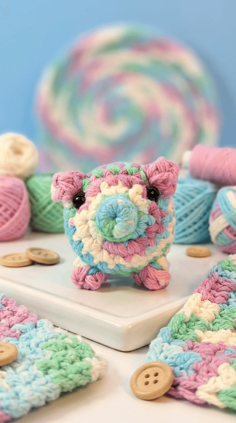 Pastel rainbow crocheted pig with black bead eyes and pink-trimmed ears, displayed on white tile surrounded by colorful yarn balls and wooden buttons.