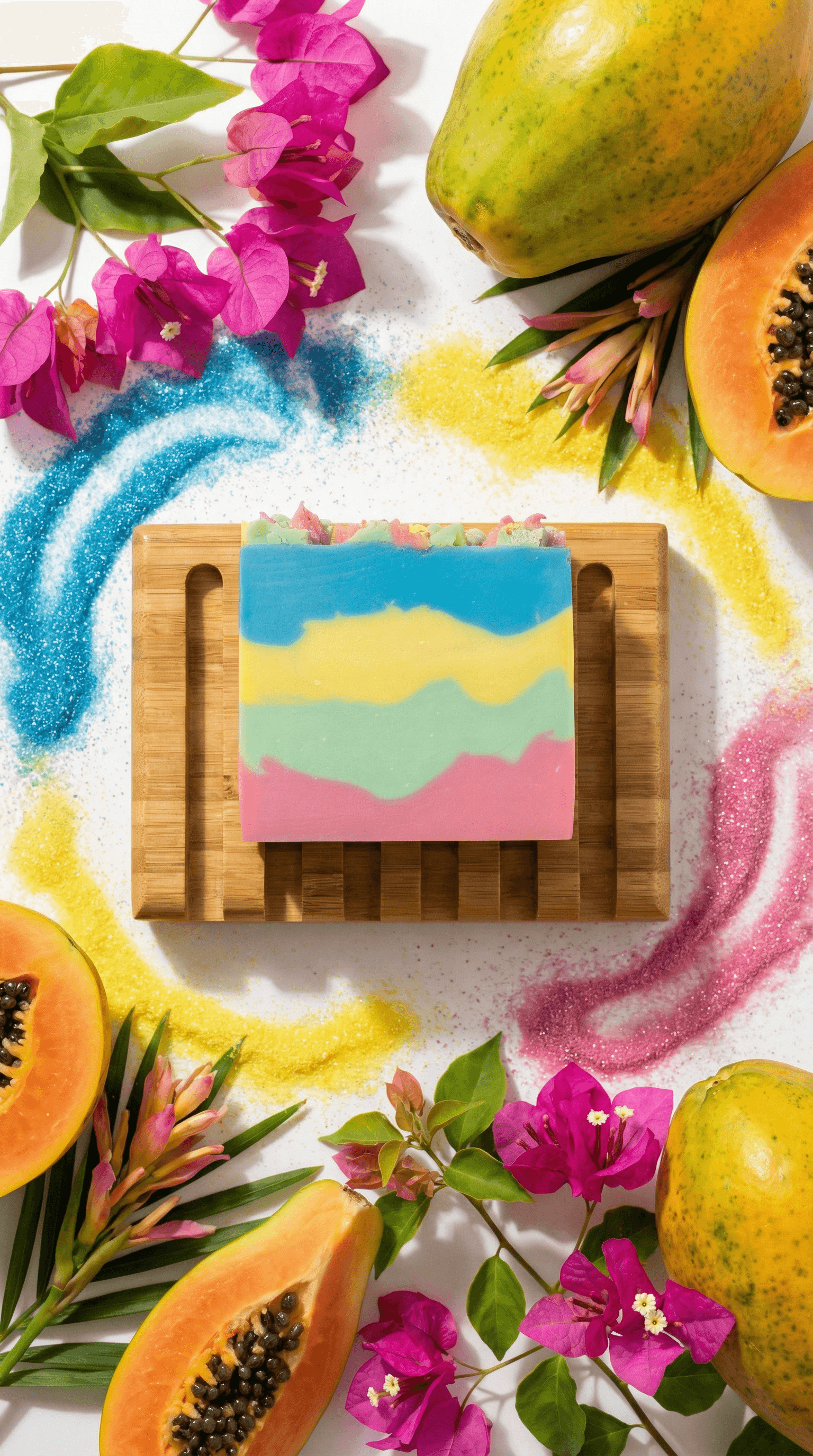 Colorful layered bar soap with wavy horizontal stripes in blue, yellow, mint green, and pink, topped with rainbow confetti sprinkles, displayed on a bamboo soap dish surrounded by papaya halves and magenta bougainvillea flowers.