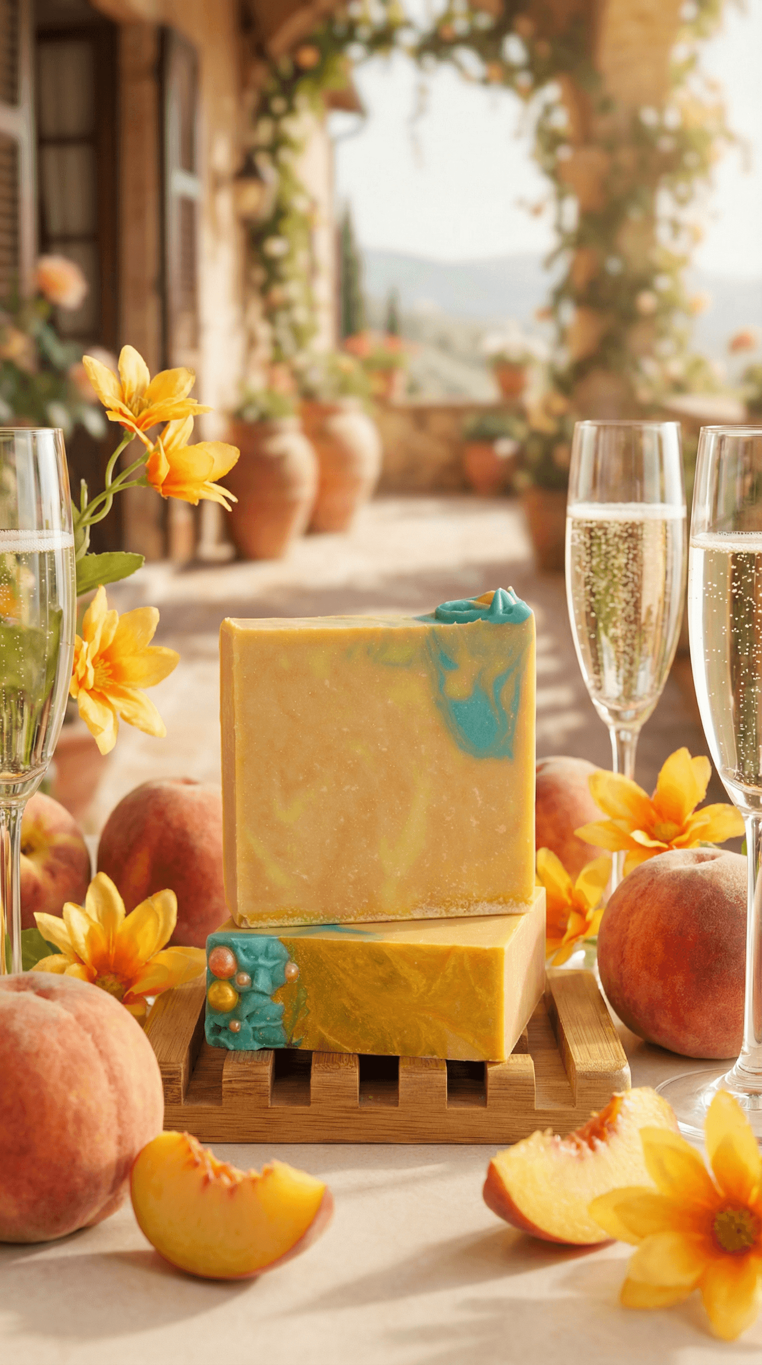 Two golden yellow handmade soap bars with teal blue swirl accents on a wooden soap dish, surrounded by fresh peaches, yellow flowers, and champagne flutes in a sunlit Tuscan setting.