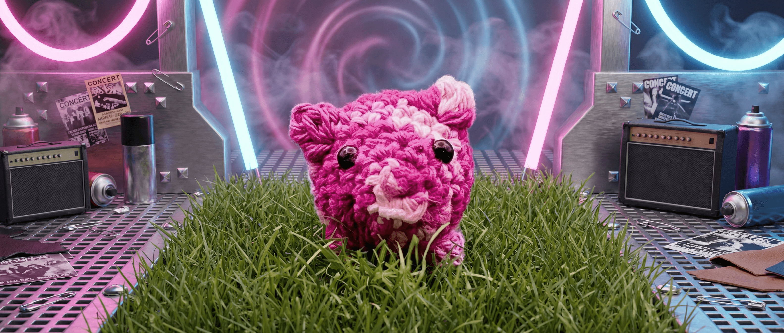 Hand-crocheted pink piggy sachet filled with fragrance beads, displayed on green grass against a neon-lit concert stage backdrop with amplifiers and vintage posters.