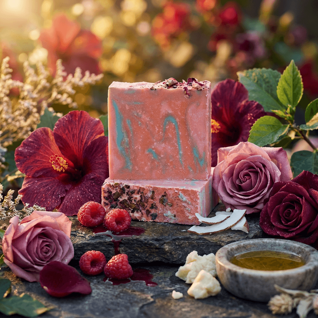 Two stacked bars of pink swirled soap with blue marbling and dried rose petals on top, surrounded by fresh hibiscus flowers, purple roses, raspberries, and a small dish of oil on dark slate.