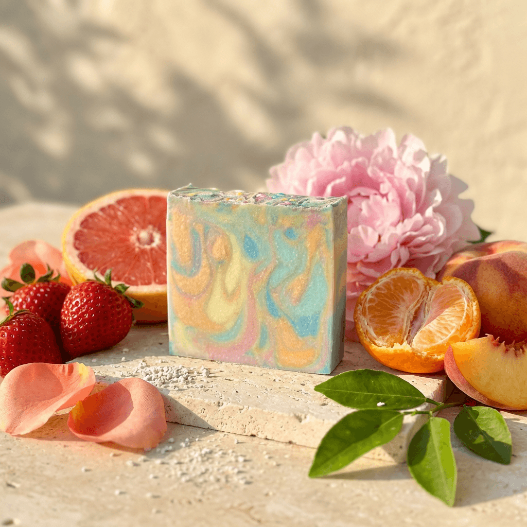 Pastel marbled soap bar in swirled blue, yellow, and pink tones, displayed on stone with fresh strawberries, citrus fruits, pink peony, and green leaves in natural sunlight.