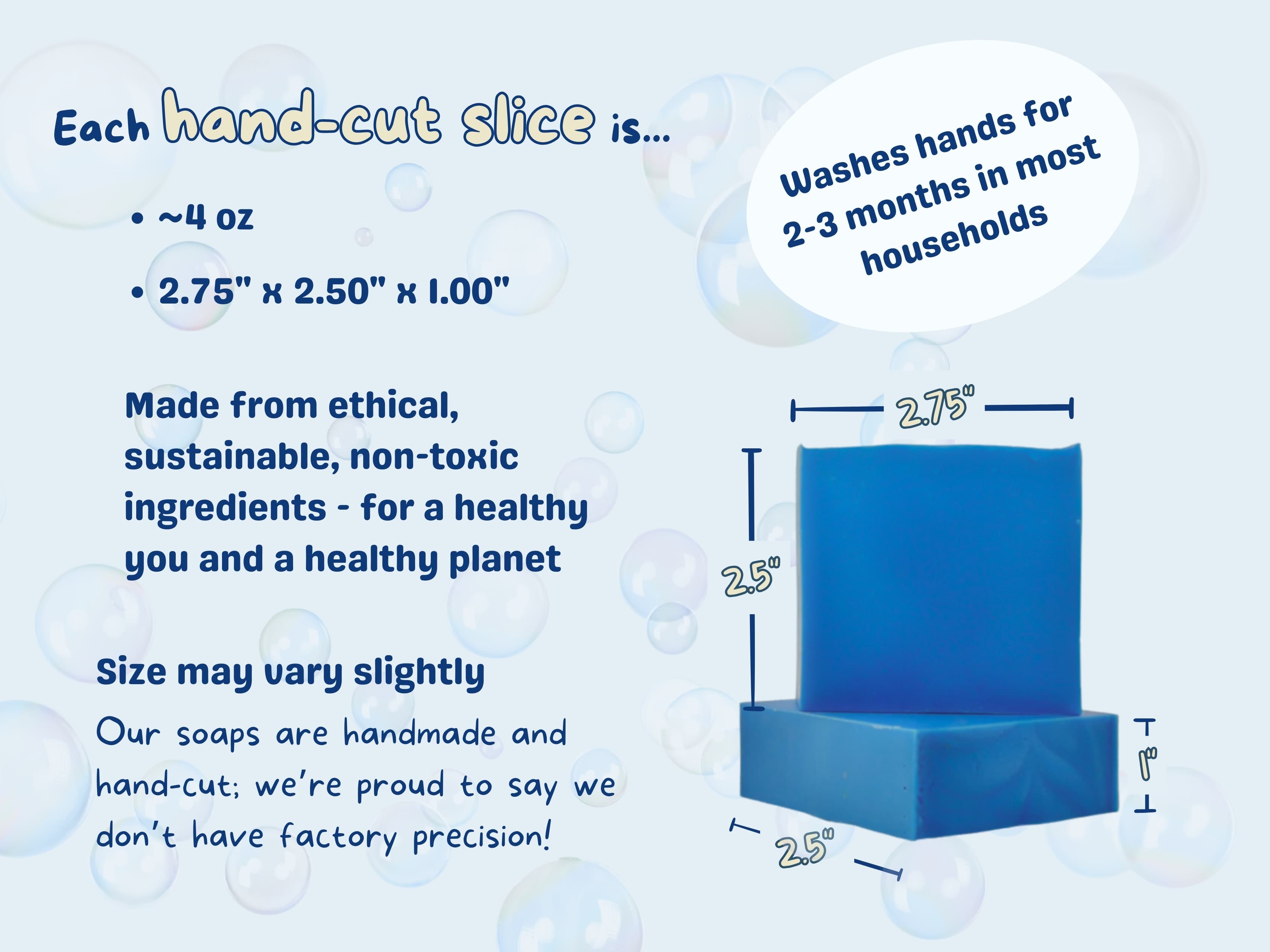 Two bright blue rectangular soap bars with smooth, solid surfaces stacked at an angle, labeled with dimensional measurements showing their handmade, hand-cut nature.