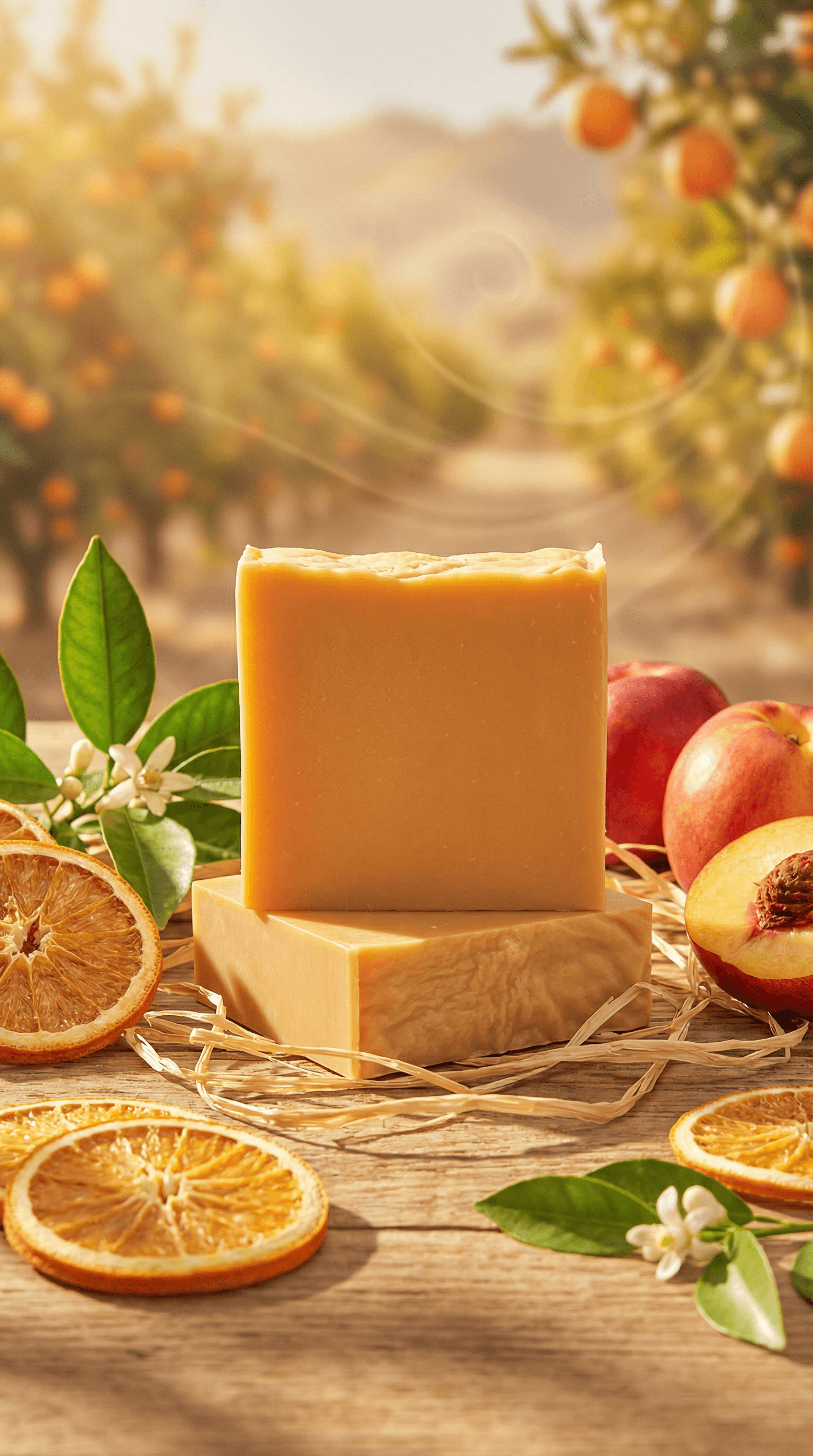 Two rectangular bars of peachy-orange soap on a wooden surface surrounded by dried orange slices, fresh peaches, and orange blossoms. Orchard background with fruit trees.