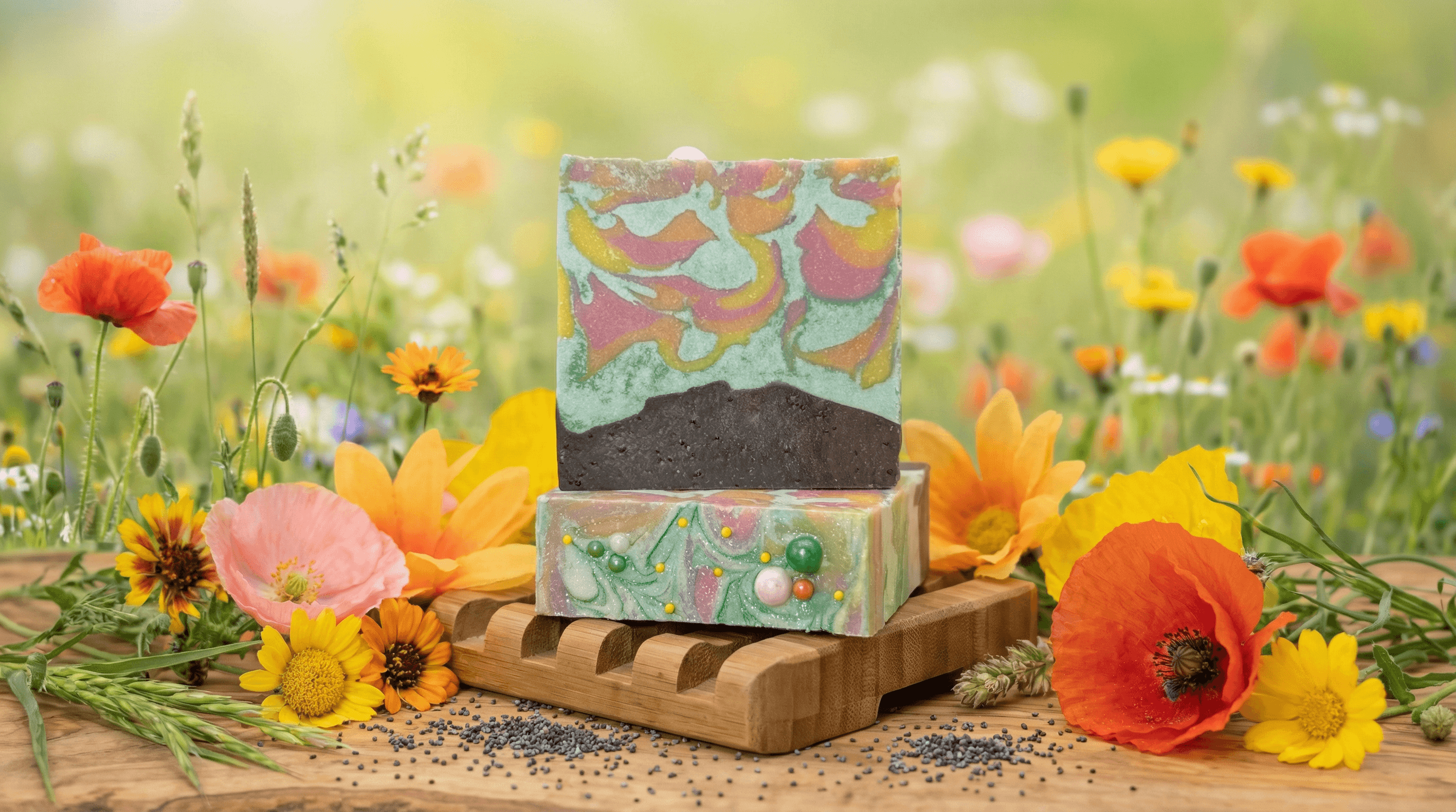 Two stacked handmade soap bars on a wooden dish surrounded by wildflowers. Top bar features dark brown base with swirled mint, coral, and pink top. Bottom bar has pink and green marbling with embedded colorful beads.