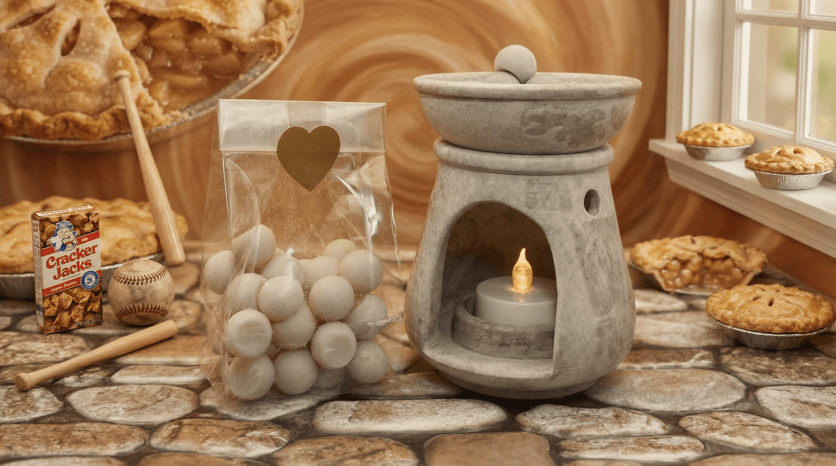 Clear bag with gold heart sticker contains white spherical wax melt balls, displayed with gray ceramic warmer containing lit candle, surrounded by pies and baseball-themed props on stone surface.