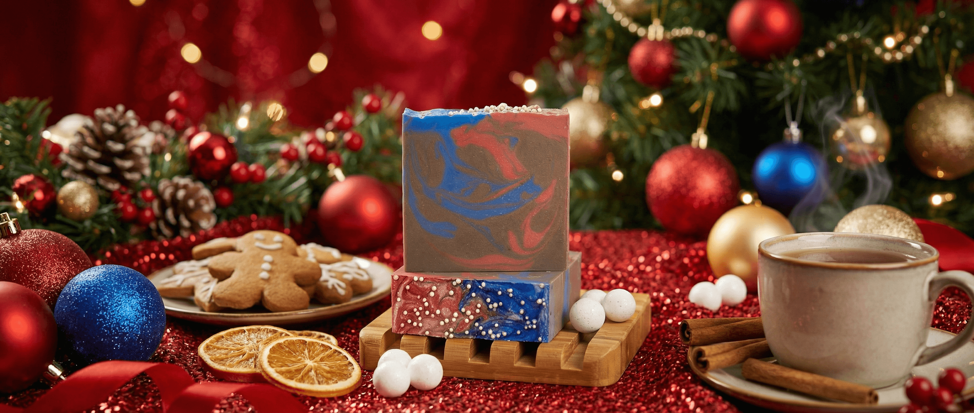 Handcrafted soap bar with swirled red, blue, and brown marbled surface, displayed on a wooden soap dish in a festive Christmas scene with ornaments, gingerbread cookies, and hot cocoa.