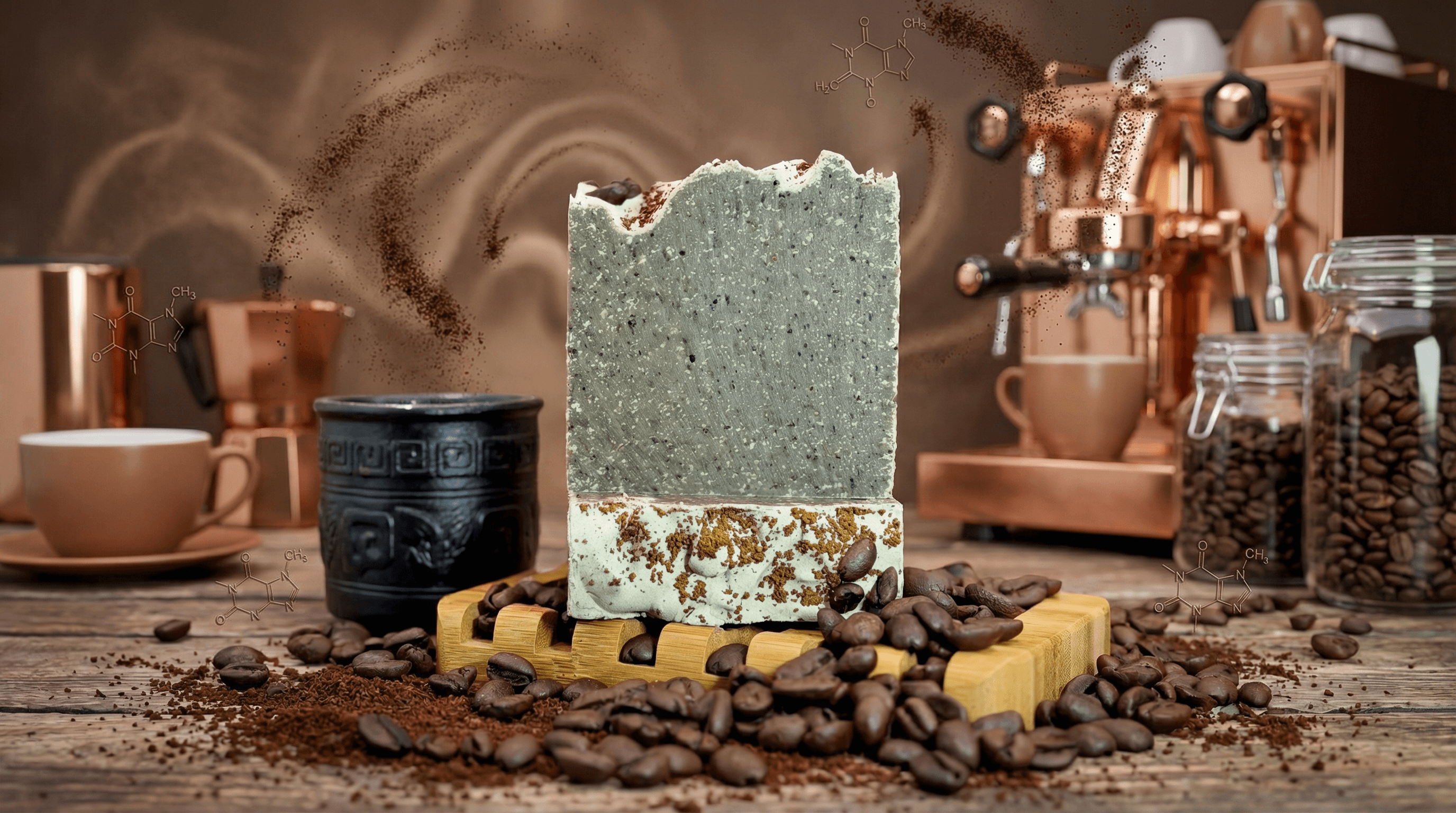 Two-toned bar with pale sage-green top layer and cream bottom layer speckled with coffee grounds, surrounded by scattered coffee beans and copper espresso equipment in background.