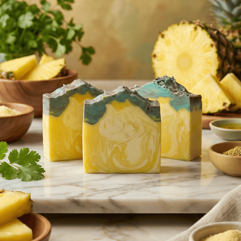 Three bars of handcrafted soap with sunny yellow swirls and teal-gray tops on marble, surrounded by fresh pineapple chunks and cilantro in wooden bowls.