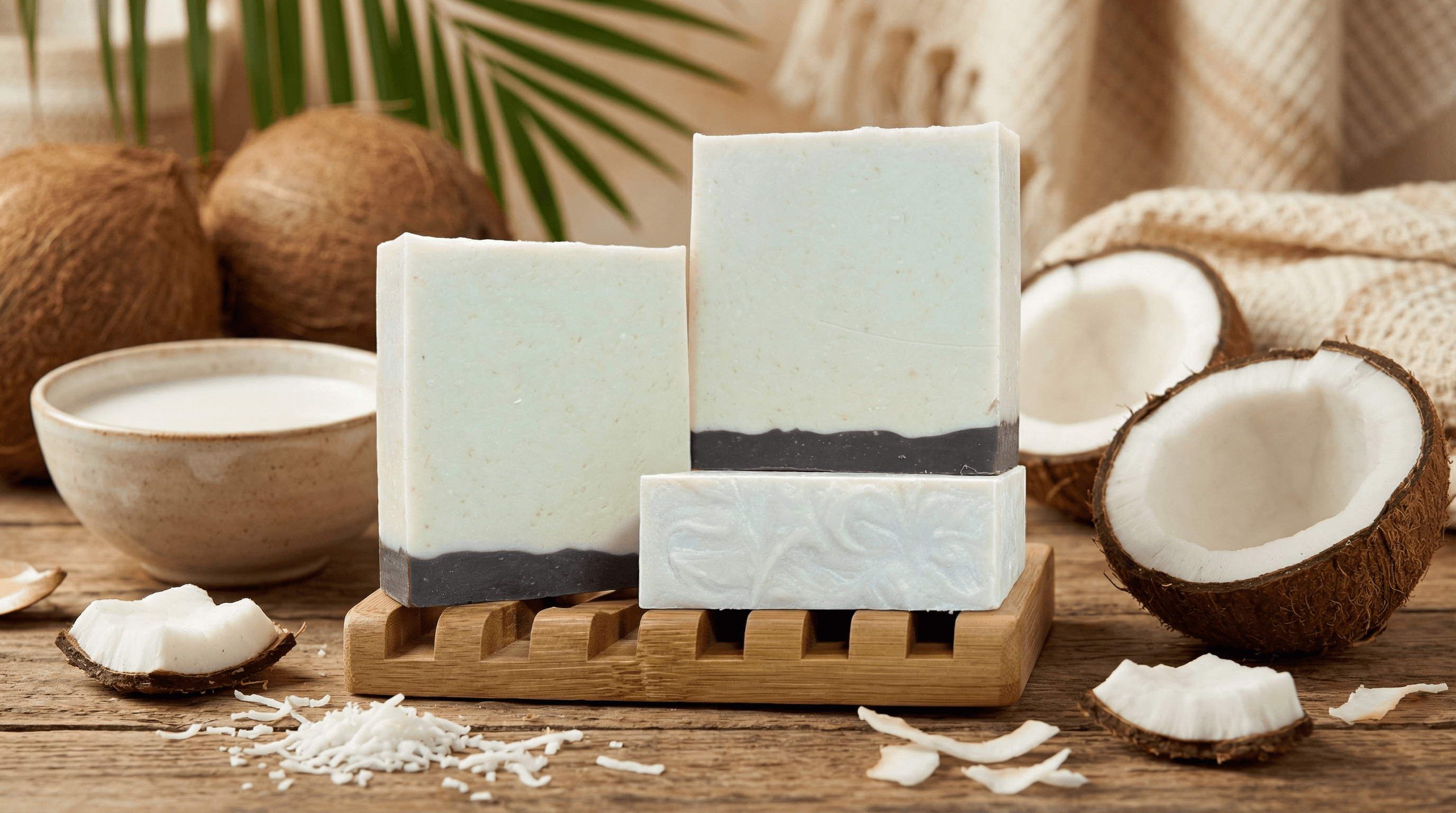 Three handmade soap bars in white and charcoal gray layers displayed on a wooden soap dish, surrounded by fresh coconut halves, shredded coconut, and tropical palm leaves.