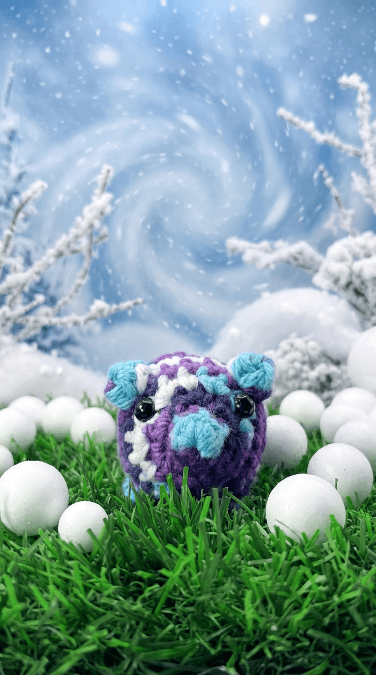 Hand-crocheted purple and blue striped pig sachet with black safety eyes, surrounded by white foam balls on artificial grass against a snowy winter backdrop.