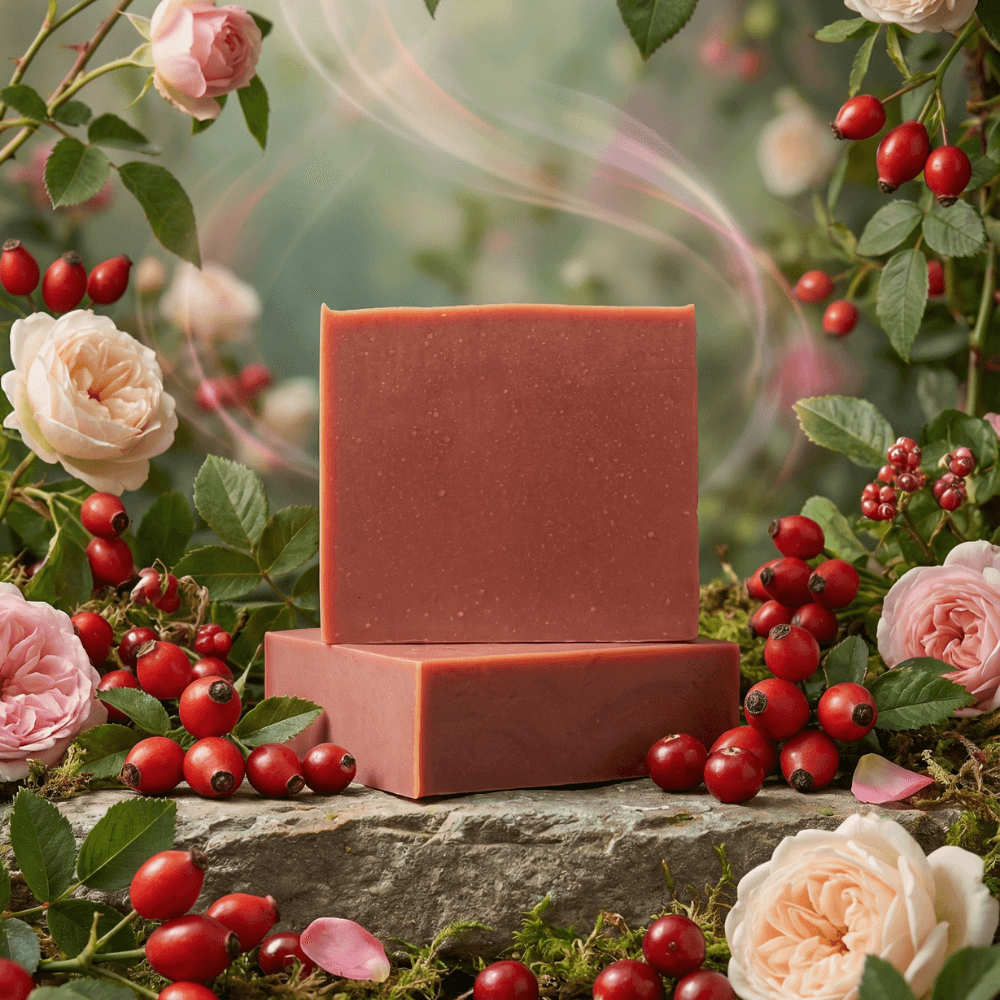 Two coral-pink handmade soap bars with fine speckled texture, displayed on stone surrounded by fresh pink roses and red rose hips in a garden setting.