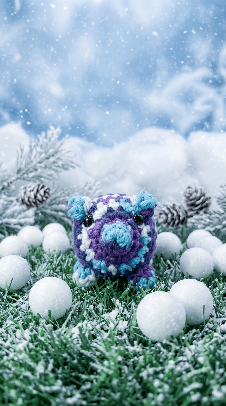 Handmade crocheted purple, blue, and white striped pig sachet sitting on snowy artificial grass surrounded by white spheres, pinecones, and evergreen branches with falling snow in background.