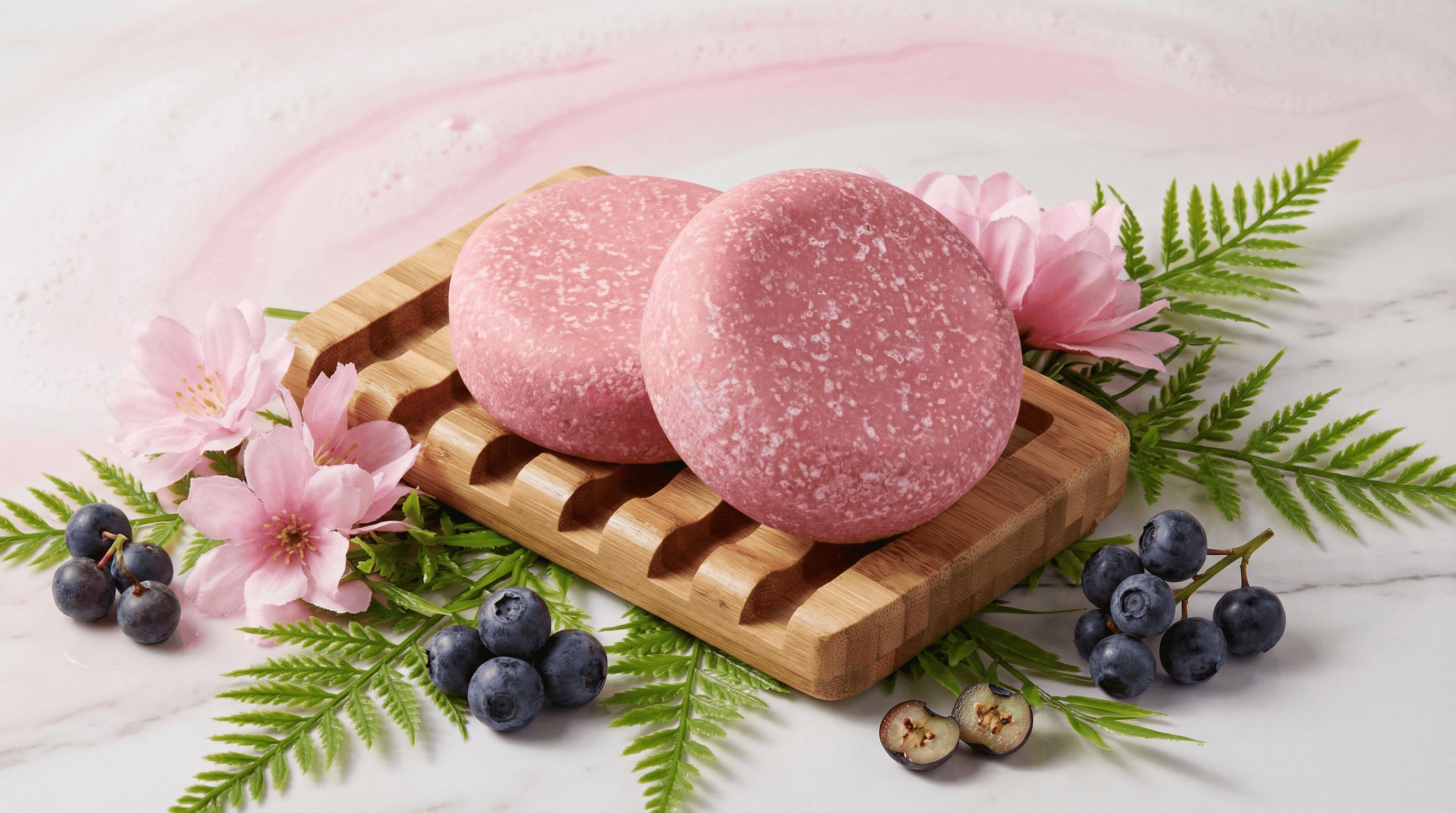 Two oval pink sea salt scrub bars with visible salt crystals on wooden soap dish, surrounded by pink flowers, blueberries, fern leaves, and halved grapes on white surface.
