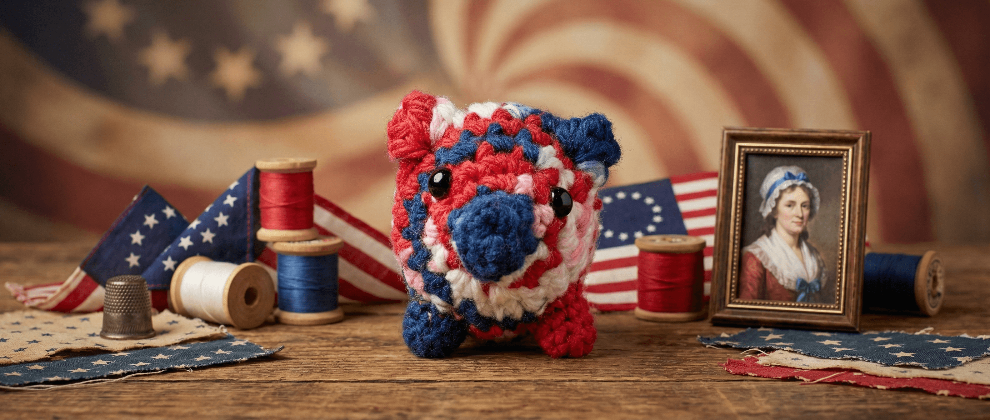 Hand-crocheted patriotic pig sachet in red, white, and blue yarn with black button eyes, displayed with vintage American flags, thread spools, thimble, and framed portrait on wooden surface.