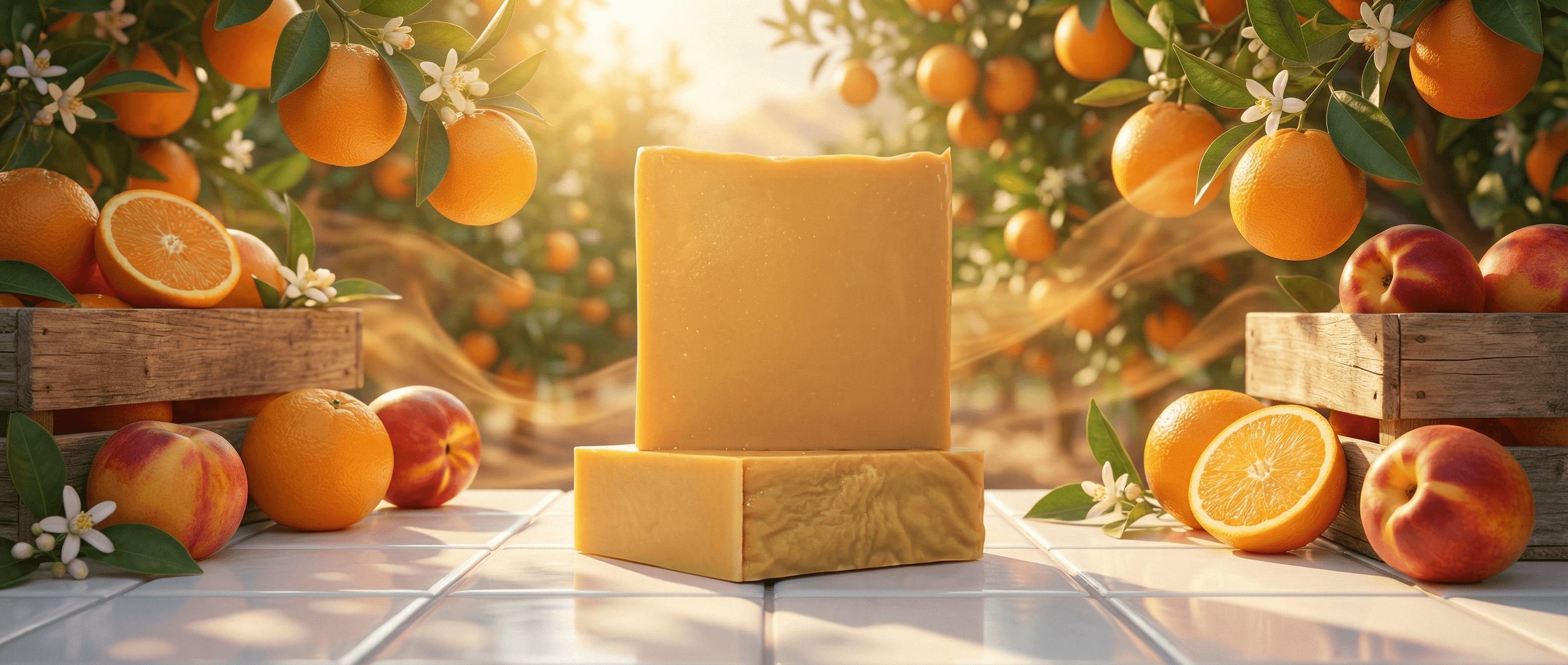 Two peachy-orange handcrafted soap bars with smooth matte finish, displayed on rustic wooden pedestal surrounded by fresh oranges, peaches, and citrus blossoms in sunlit orchard setting.