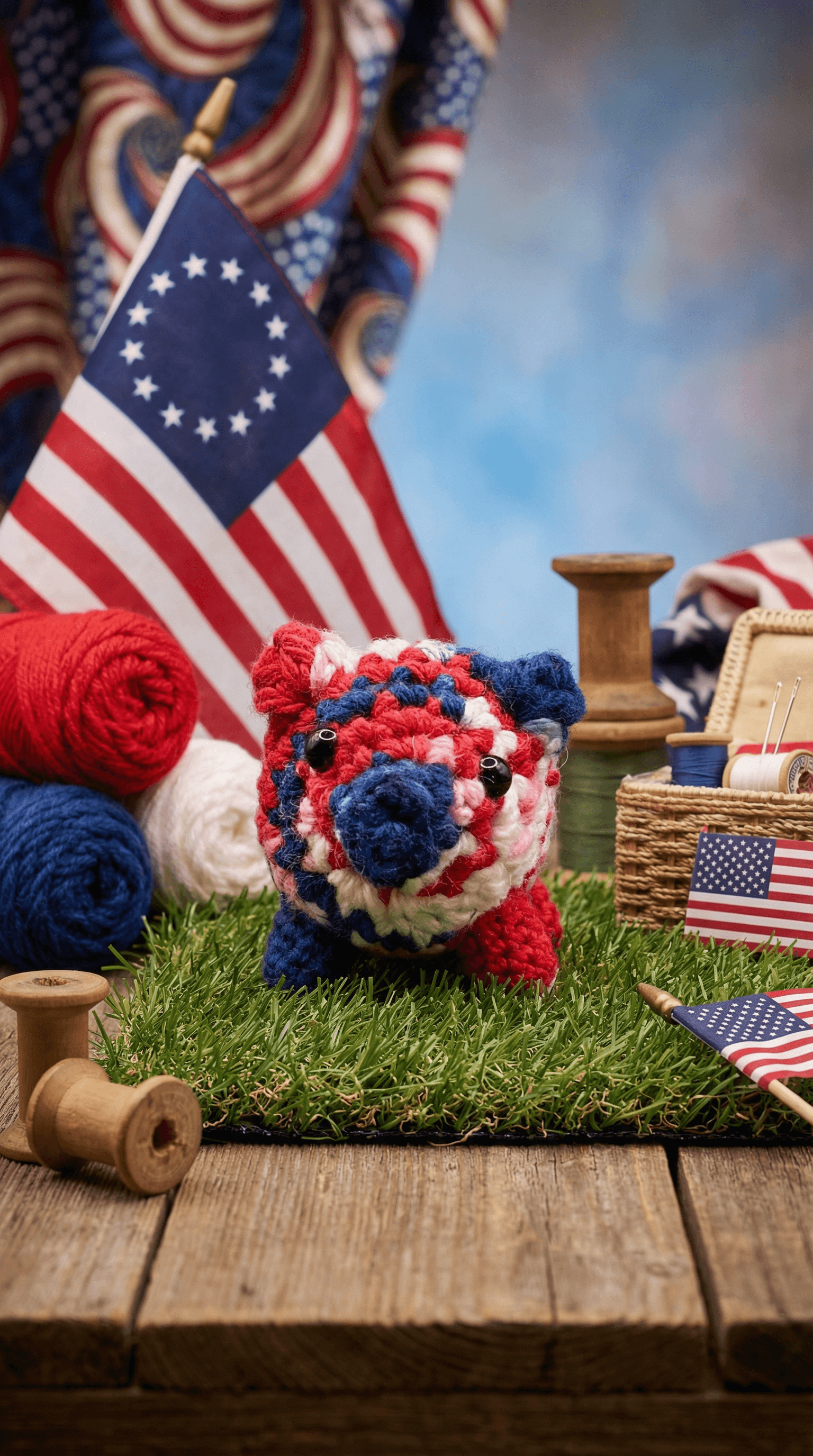 Red, white, and blue crocheted pig sachet on grass with patriotic flags, yarn balls, and wooden spools. Handmade americana-themed fragrance holder with textured granny square pattern.