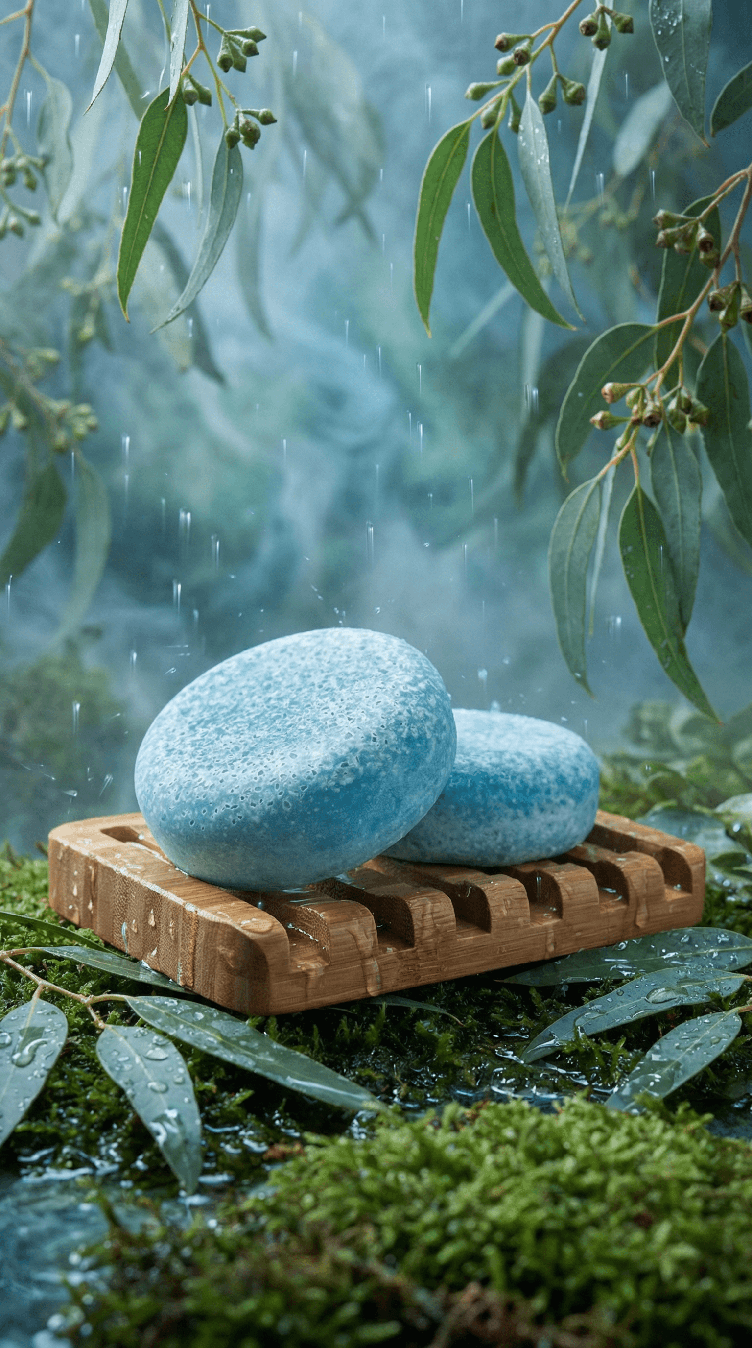Two speckled blue oval sea salt scrub bars resting on a bamboo soap dish in a rainy outdoor setting with eucalyptus leaves and moss. Water droplets visible on surfaces.