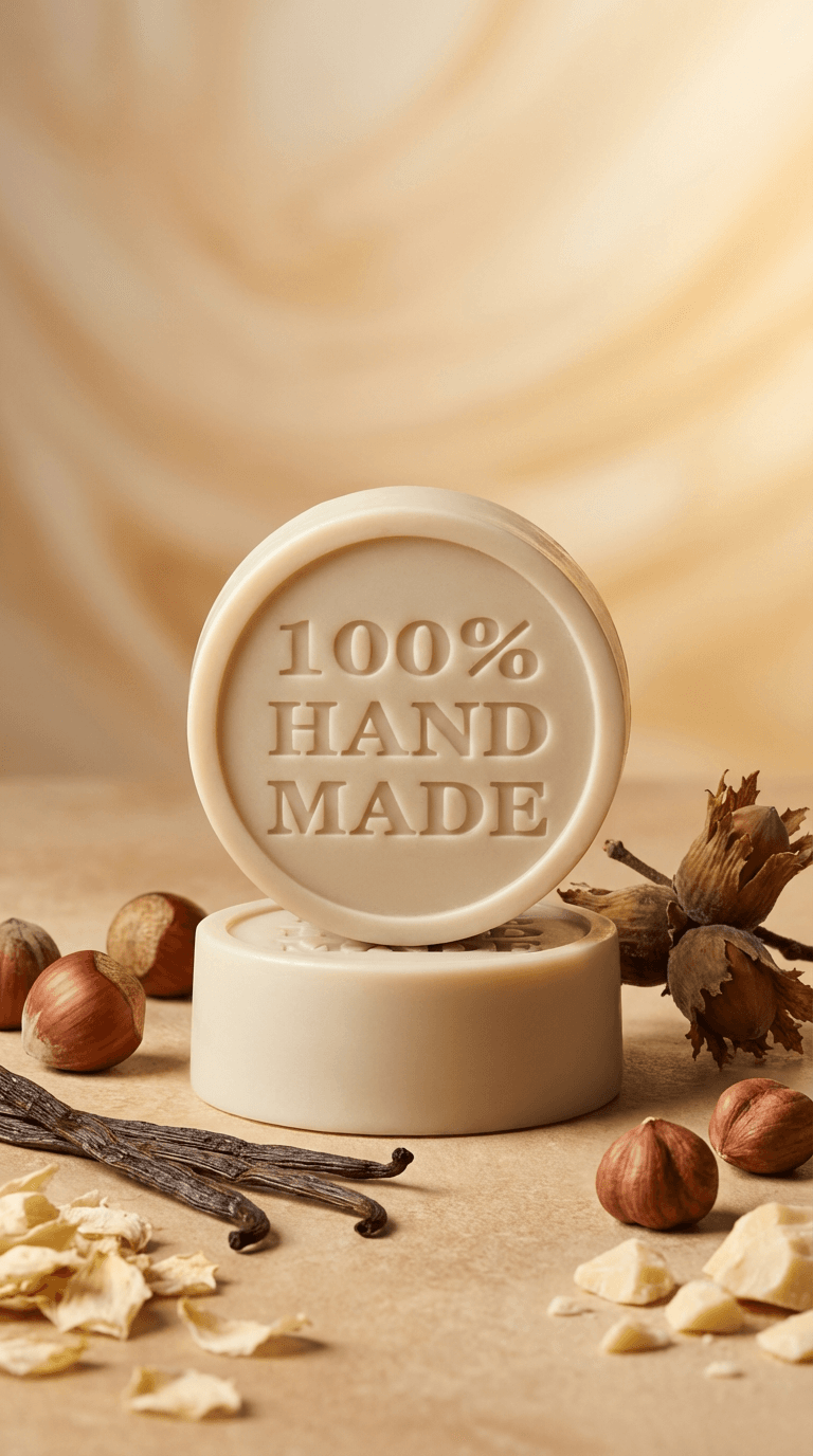 Circular cream-colored solid lotion bar embossed with '100% HAND MADE' text, stacked with another bar, surrounded by hazelnuts, vanilla beans, and cocoa butter pieces on beige backdrop.