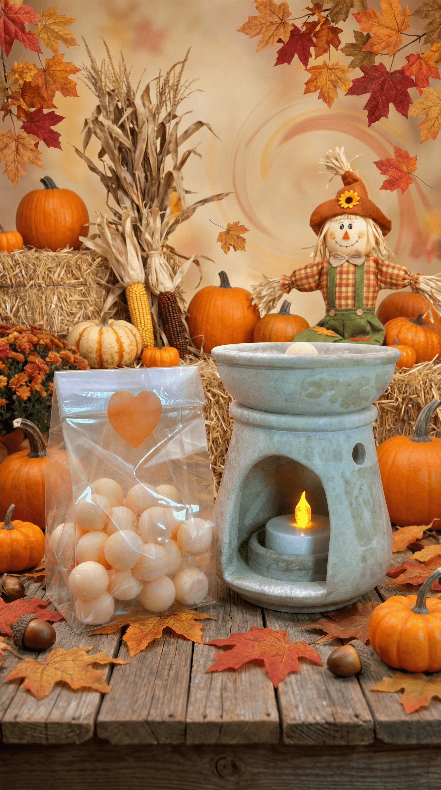 Clear bag of creamy white wax melt balls with orange heart label next to turquoise ceramic wax warmer with flickering LED candle, displayed in autumn harvest setting with pumpkins and hay.