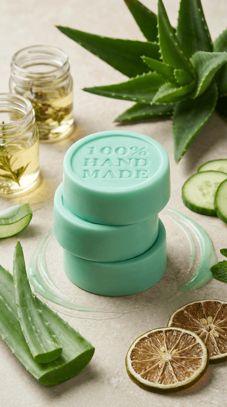 Stack of three mint green solid lotion bars embossed with '100% HAND MADE' text, displayed on clear dish surrounded by fresh aloe vera leaves, cucumber slices, and dried citrus.